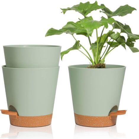 3 Pcs Pots de Fleurs en Plastique 16.5cm Vert Auto-Arrosant avec Soucoupe avec Système d'arrosage Pot de Fleur Paresseux Convient aux Jardins de Balcon Intérieurs et Extérieurs (1/5)