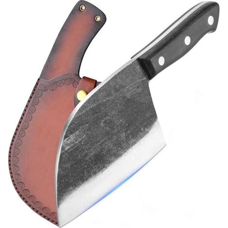 Cuchillo de carnicero forjado a mano, 6,7 pulgadas, cuchillo de chef serbio hecho a mano de acero al manganeso con funda de cuero, cuchillo con mango completo para cocina y camping (1/4)