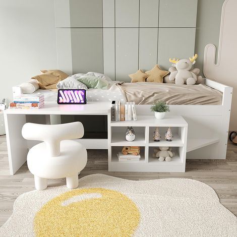 Lit enfant 90 × 200 cm avec coffre de rangement, bureau avec prise électrique, en bois, blanc (1/5)