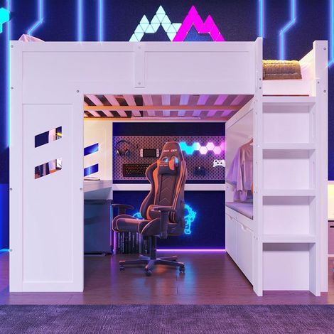 Lit mezzanine - 140x200 - Bureau intégré - Éclairage LED & USB Type-C - Tiroirs et portant