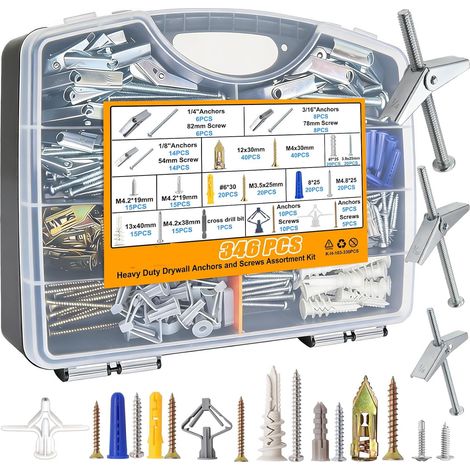 Kit de Fixation 346 Pièces avec Vis et Chevilles Placo, Assortiment de Vis Autotaraudeuses pour Plaque de Plâtre, Cloison Sèche et Mur Creux, Chevilles Auto-perceuses, Vis Q235 Zinguées Colorées, Boît (1/5)