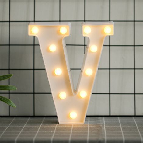 Lettres de l’alphabet à LED avec lumière blanche chaude pour décoration d’intérieur, fête, bar, mariage ou festival(V), (1/5)