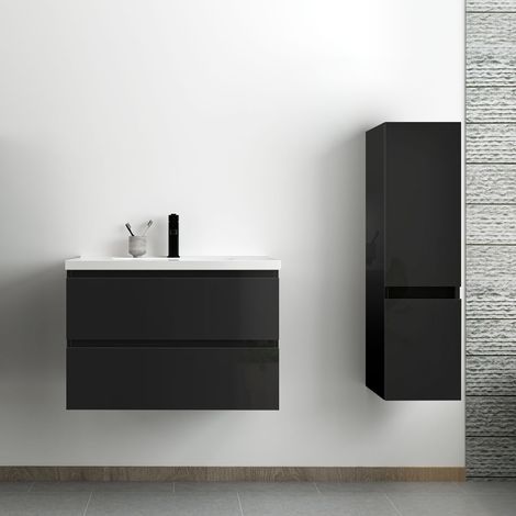 Acezanble – Ensemble meuble salle de bain 80 cm noir brillant – 2 tiroirs à fermeture automatique – Lavabo céramique suspendu – Colonne de rangement
