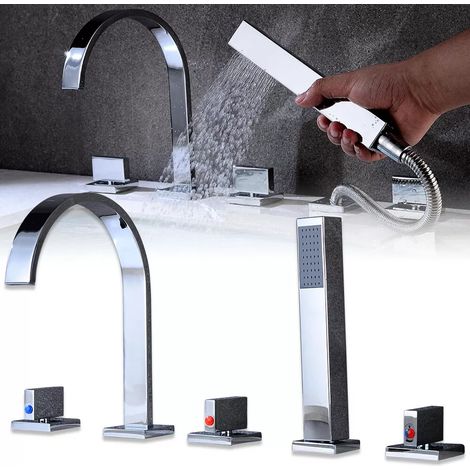 5 Loch Badewannenarmatur, Wannenarmatur armatur Badewanne Wasserfall Badewanne Duschset mit Handbrause Brausegarnitur, Bad Dusche Badezimmer Armatur, Verchromt