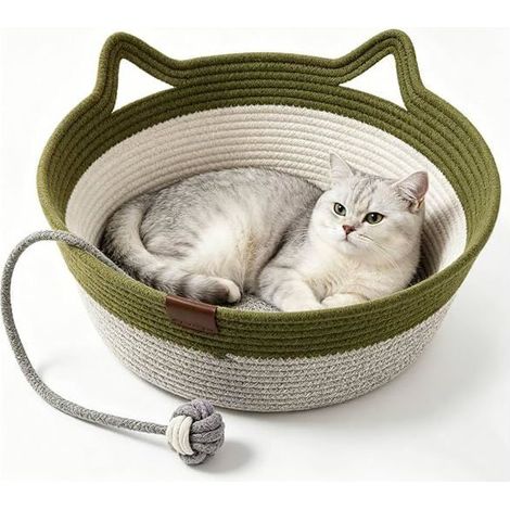 Panier rond pour chat avec griffoir et balle suspendue - Tissé à la main - Vert, taille L (1/2)