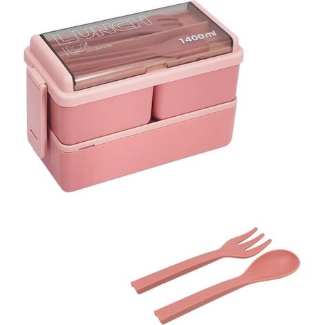 Boîte bento à double compartiment avec couverts inclus, rose (1/5)