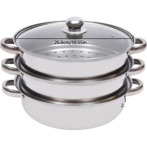 Vaporiera a 3 livelli in acciaio inox, impilabile, colore argento. (1/2)