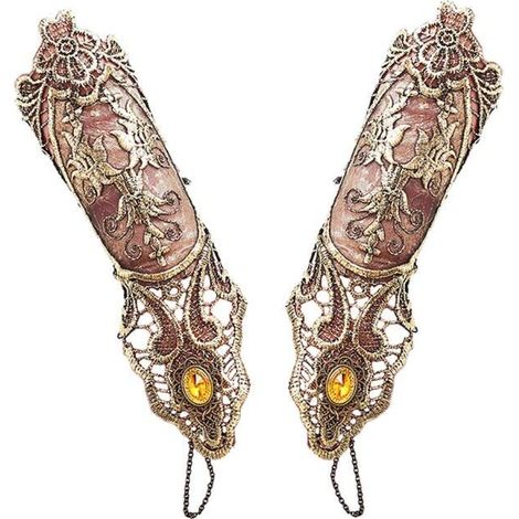 Gants gothiques sans doigts avec dentelle florale, bracelet et bague vintage perlés, style bracelet de mariée steampunk, finition bronzée, 1 paire (1/5)