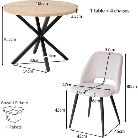 Esstisch-Set mit 4 Cord-Stühlen, 100cm runder Esstisch, nordisch-modern (1/5)