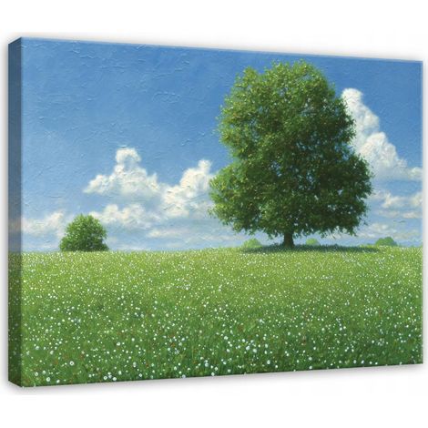 Leinwandbild Wiese und Bäume, Natur Landschaft für Schlafzimmer, Wohnzimmer und Küche, hochauflösender Druck, 40 x 30 cm