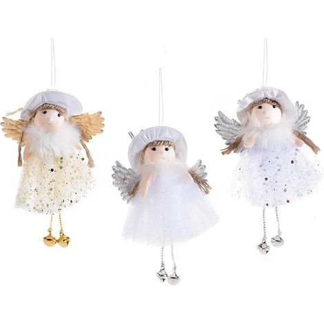 Angeli natalizi oro e argento da appendere con gambe lunghe e campanellino, abito in tulle e glitter, set da 12 pezzi, cm 10 x 15 H