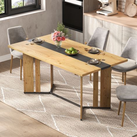 Table de salle à manger en bois de style scandinave, 150 cm, finition chêne, plateau de 2,8 cm d'épaisseur, patins antidérapants, imperméable et résistante aux rayures, idéale pour le salon, la cuisin (1/4)