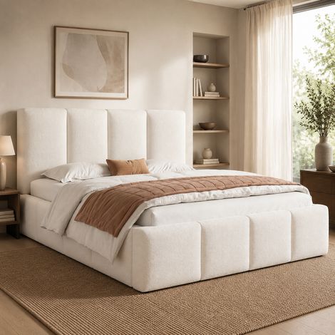 Cama tapizada, cama doble, 180 x 200 cm, cama con somier, cabecera, cabecera tapizada, Bouclé beige (1/5)