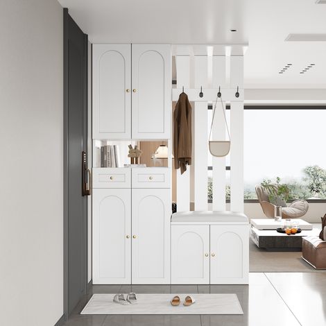 Mobiletto bianco per ingresso con attaccapanni, scarpiera e ampio spazio di archiviazione, 4 ganci, 2 cassetti, ideale per il soggiorno, 110x37x180cm