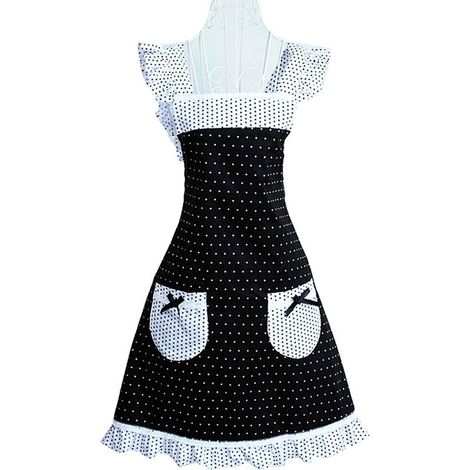 Tablier de cuisine rétro à pois pour femme, bretelles à volants rétro, ajustable, avec poches et nœud. (1/5)