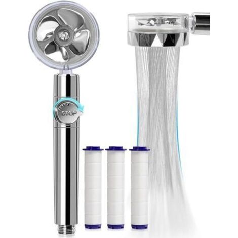 Douchette, Pommeau de Douche Anti Calcaire Economie Deau, Pommeau de Douche Helice Haute Pression Filtre à Trois Niveaux Système de Filtrage avec Filtre 3 Coton PP Remplaçable（argent）-Ensolei (1/5)