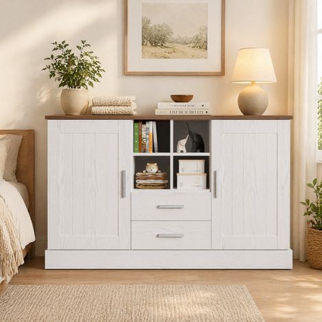 Aparador de 140 cm con 2 puertas, 2 cajones y 4 compartimentos abiertos, madera clara y oscura, cierre suave y diseño moderno para salón o comedor  CHICFURN (1/5)
