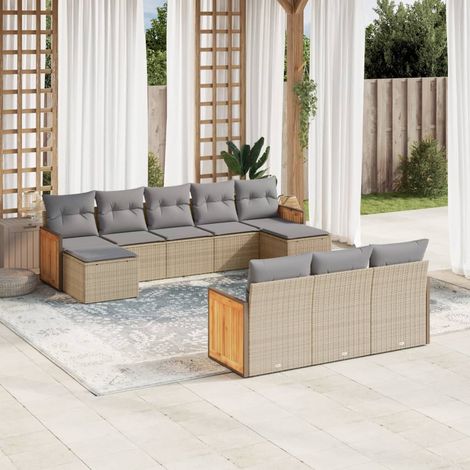 Ensemble Salon Jardin 10 Places Résine Tressée Beige avec Coussins Gris Modulable (1/4)