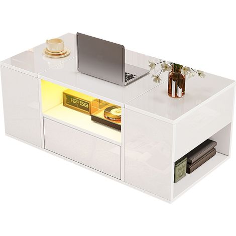Table basse (100 x 50 x 40 cm) avec deux armoires, table de salon brillante avec bande lumineuse LED, avec 6 compartiments de rangement, blanc (1/5)