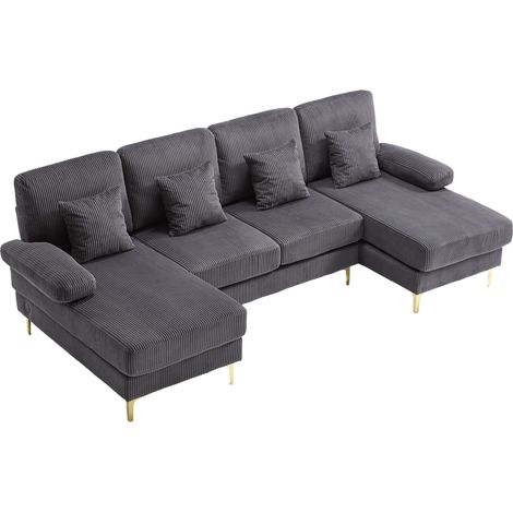 Graues U-Ecksofa aus Samt mit LED, USB-C-Anschluss und 4 Kissen (1/5)