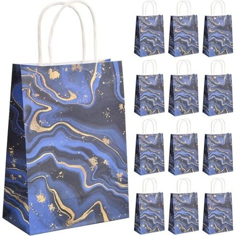 20PCS Pochettes Cadeau Papier, Sacs Cadeaux avec Poignées, Sac de Fête en Papier, Sacs de Bonbons, Pochettes Cadeaux Marbrure pour Anniversaire Mariage Fête Cadeau Emballage (Bleu) (1/4)