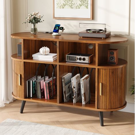 Plattenschrank 110x40x76 cm, mit Kabeldurchlass und Ladestation, MDF, Walnuss (1/5)