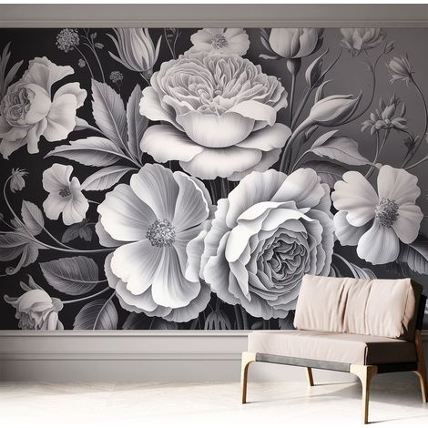Papier peint adhésif décoratif pour chambre et salon Design moderne à poser facilement Fleurs grises 312x219 cm (1/5)