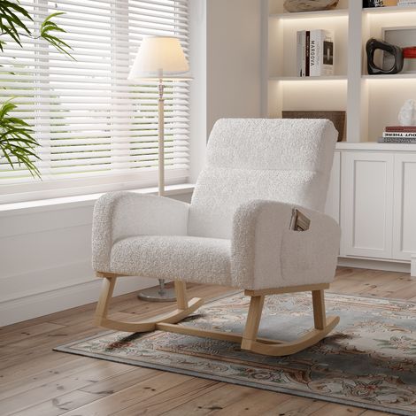 Sedia a dondolo, poltrona a dondolo comoda con braccioli, tessuto sherpa, tasche laterali, piedi in legno massiccio, rocking chair stile scandinavo - Bianco