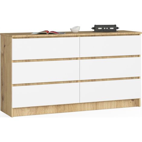 Akord – Commode 138 cm 6 tiroirs – Chêne artisan et façade blanche – Dimensions 138x40x77 cm – Panneau stratifié – Limiteur d'extension