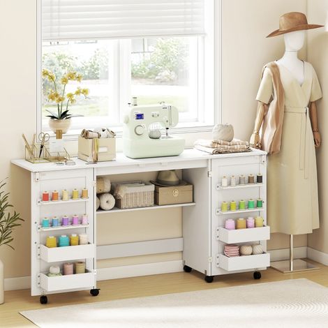 Mesa de costura plegable con 2 puertas magnéticas, mesa de manualidades con ruedas, 4 cajas, 20 alfileres de sujeción, compartimento de almacenamiento, color blanco. (1/5)