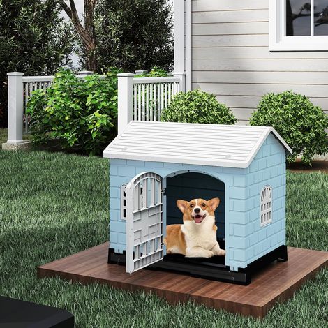 GOPLUS Niche pour Chien Exterieur en PP, Cabane Chien Exterieur Interieur avec 3 Fenêtres, Porte Verrouillable, Toit en Pente, Plateau de Toilette Amovible, Ventilé&Imperméable, 75 x 58 x 65 CM (Bleu) (1/5)
