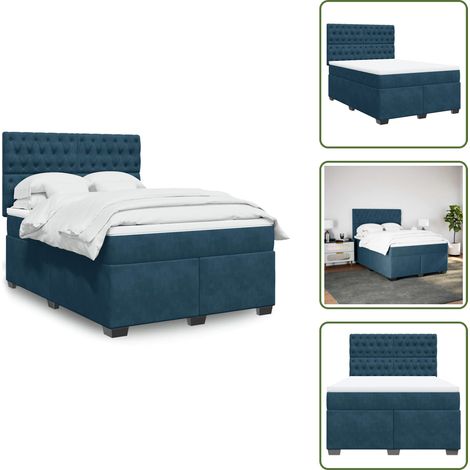 The Living Store Giroletto a Molle con Materasso Blu 160x200 cm in Velluto - Materasso a molle insacchettate