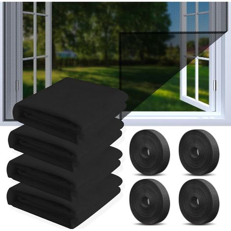 4 Pcs Moustiquaire Fenetre, Moustiquaire pour fenêtre, Toile Moustiquaire Découpable avec 4 rouleaux de bandes autocollantes, Filet Écran Insecte (Noir)130x150cm
