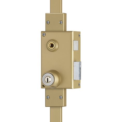 JPM – Serrure 3 points en applique – Acier laqué or – Cylindre 45 mm – Entraxe 67 mm – Sens de pose droite – Verrouillage sécurisé (1/3)