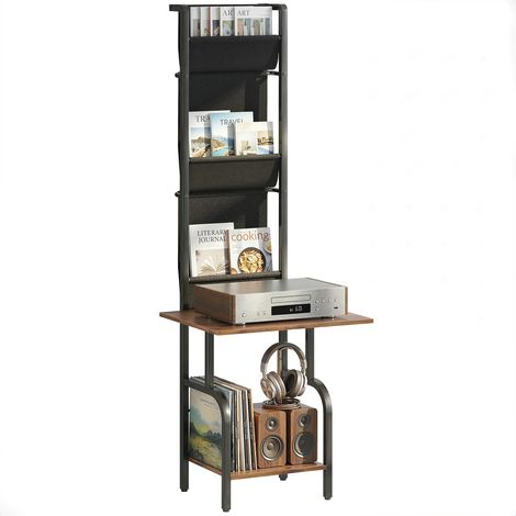 Industrielles CD-Regal, CD-Aufbewahrung, DVD-Ständer mit 3 Stofftaschen und Tischplatte, Rustikale Holzoptik in Braun