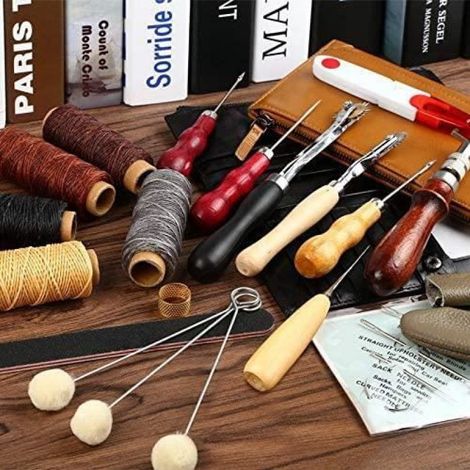 Kit De Couture Cuir - 31 Pièces Avec Poinçon Et Fil Ciré - Pour Travaux Manuels Sur Cuir - Ensemble Complet (1/4)