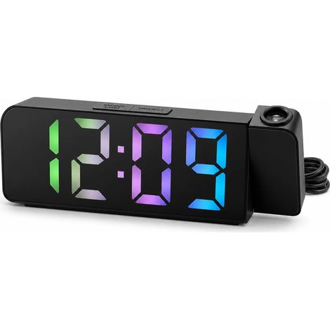 Réveil Projecteur LED Chiffres Numériques Grands Caractères, Horloge Numérique Projection Simple Face Noir avec Lumière Colorée, Affichage Heure Température Alarme pour Chambre et Bureau (1/5)