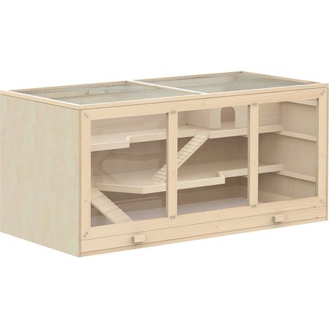 Jaula Para Hámster De Madera Natural Jaula Para Roedores De Tres Niveles Con Escaleras, Pvc, 115X57X55Cm