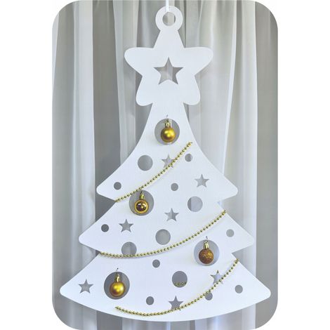 Grande decorazione per finestre a forma di albero di Natale, bianca e dorata.