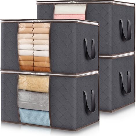 Lot de 4 Sacs de Rangement pour Vêtements, Boîte Pliable avec Poignée Renforcée - Idéal Déménagement, Couvertures et Couettes, Gris