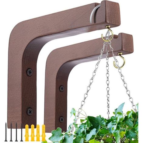 Lot de 2 crochets muraux en bois de couleur noyer de 15 cm (5,9 pouces) - Pour suspendre plantes, lanternes, paniers de fleurs, (1/5)