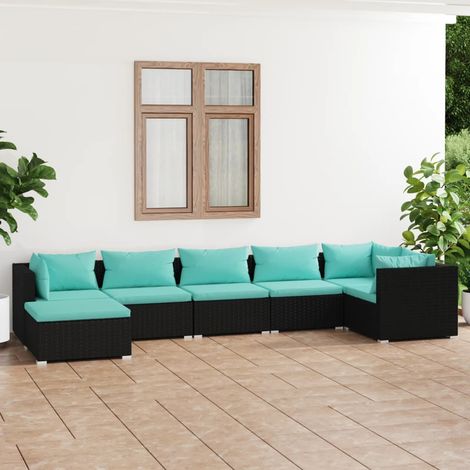 7-tlg. Garten-Lounge-Set mit Kissen Poly Rattan Schwarz (1/5)