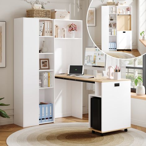 Bureau d’angle pliable 2 en 1 avec étagères réglables, ports USB et prise électrique, système anti-basculement, blanc, gauche 104,5×30,5×160 cm (1/5)