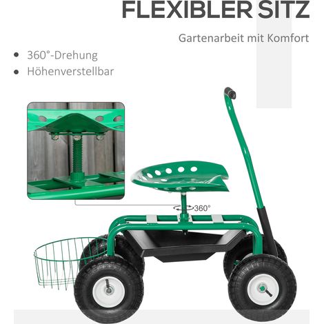 BASII Gartenwagen Mit Sitz – 360° Drehbar, Höhenverstellbar (23–35 Cm), Tragkraft 200 Kg, Mit Schirmhalter, Für Pflanzen, Jäten & Autoreparatur
