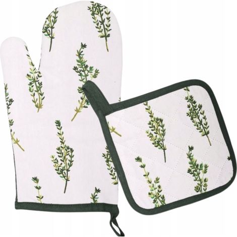 Guanto da cucina tessile spesso con pad NICOLE 100% cotone art. 52397 bianco con rametti di timo verdi (1/3)