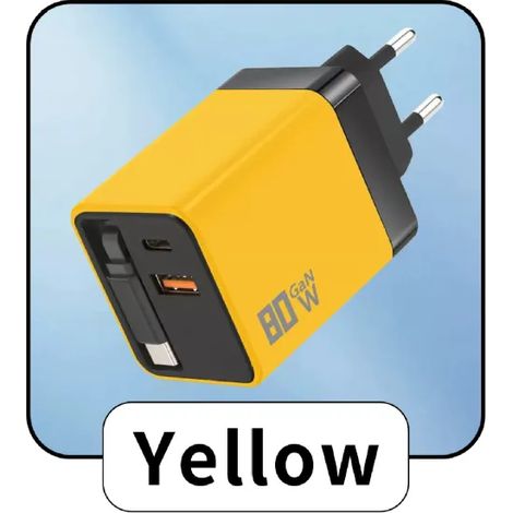 Chargeur rapide portable GaN 80 W/, câble rétractable USB + Type-C, port de sortie Type-C, prise pliable, durable et anti-enchevêtrement, compatible