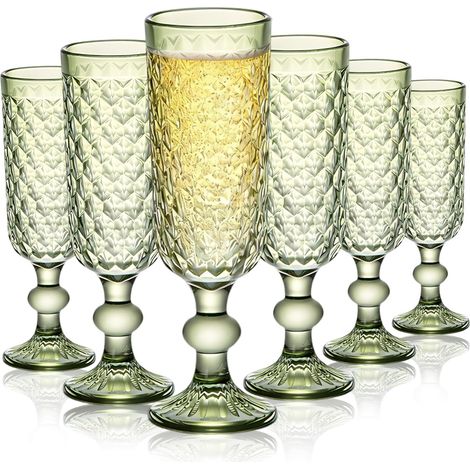 Lot de 6 flûtes à champagne 350 ml - Verres à vin rouge et blanc avec pied - Verres vintage - Cadeaux pour dégustation de vin, mariage, anniversaire, fête d'anniversaire (vert) (1/5)