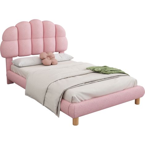 Lit enfant 90x200 cm rose en tissu bouclette, tête de lit demi-lune réglable, sommier à lattes en bois, cadre stable pour chambre ado – CHICFURN (1/5)