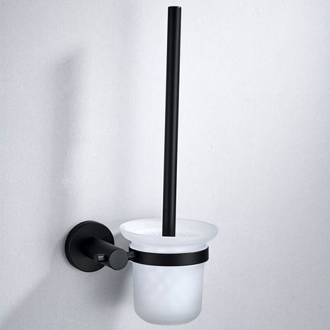 Soporte de pared para escobilla de baño con abrazadera, cristal esmerilado/negro mate -Crezuo