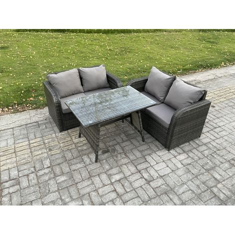 Fimous Outdoor Garden Furniture Sets 3 Pieces Wicker Rattan Furniture Sofa Sets with Rectangular Dining Table Love Sofa (1/5)